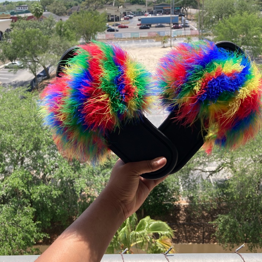 Colorful Rainbow Faux Fur Slides Women’s